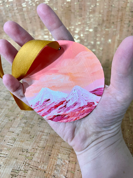 Pink Orange Mountain Hand-Painted Ornament